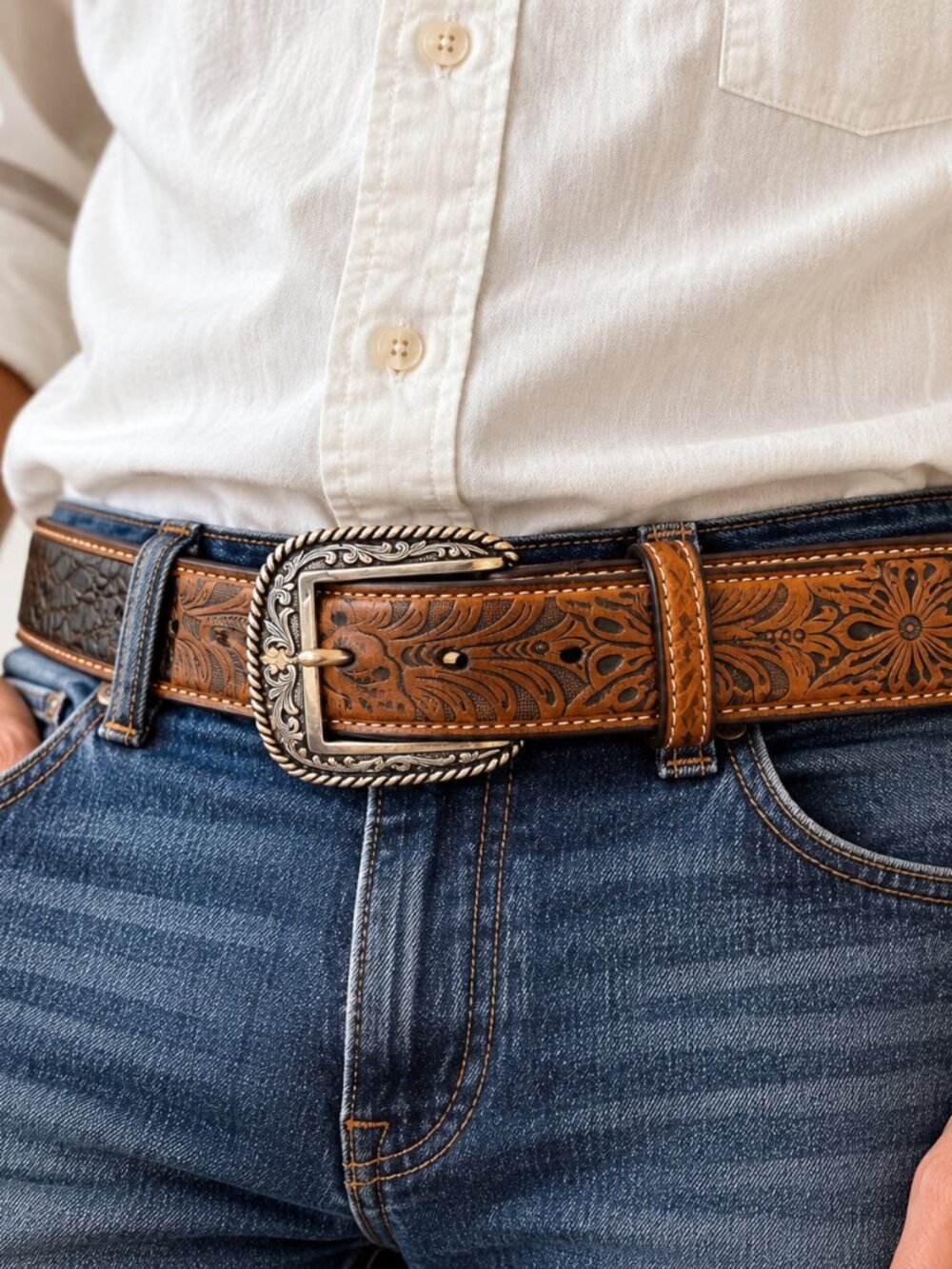 Ariat Mens 34 Genuine Leather Western Belt Tooled Floral Croc Limited Buckle